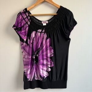 Black Top with Purple Floral Print Women's Shirt